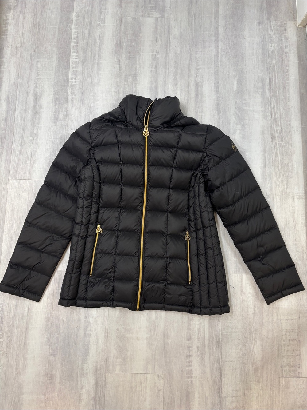 Michael Kors Packable Down Fill Black Quilted Puffer Jacket with Gold Zippers